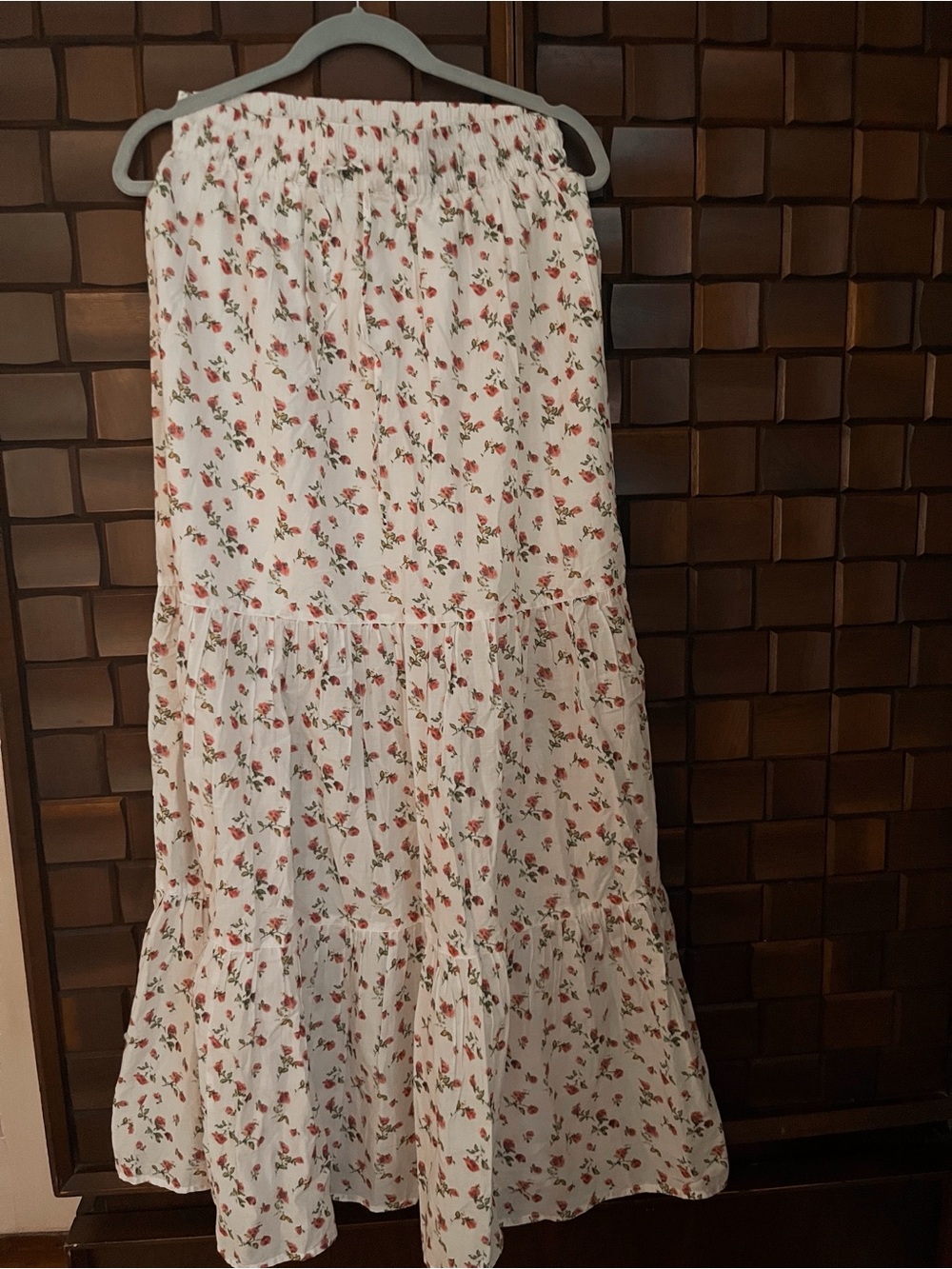 White Floral Tiered Maxi Skirt with Red Rose Print